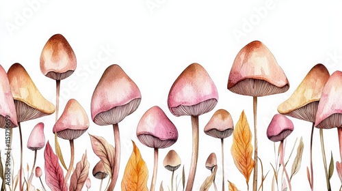 Watercolor autumn mushroom border, delicate pastel hues