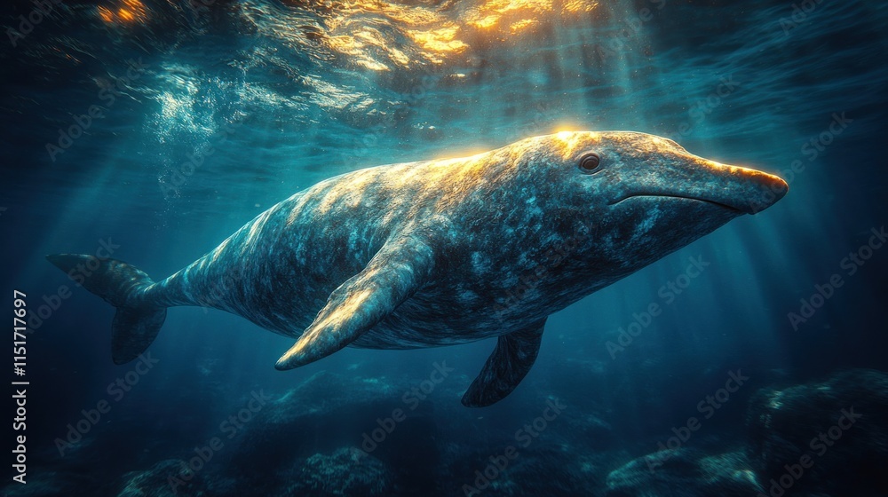 Fototapeta premium Underwater view of dolphin swimming through sunlit ocean.