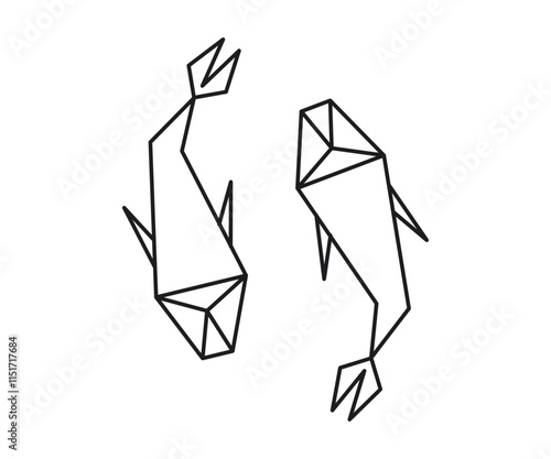 Two geometric koi fish outlined in black on a white background. Minimalist line art illustration inspired by origami. Design for posters, prints, and tattoos.