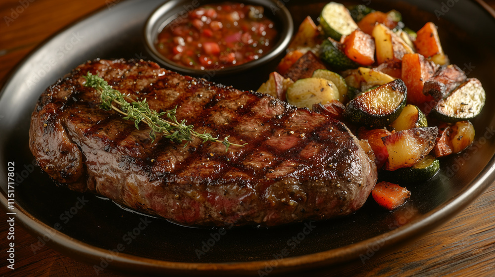 High-angle view of skillet steak with a side of roasted vegetables, warm and inviting presentation High-angle view of skillet steak with a side of roasted vegetables, warm and inviting presentation