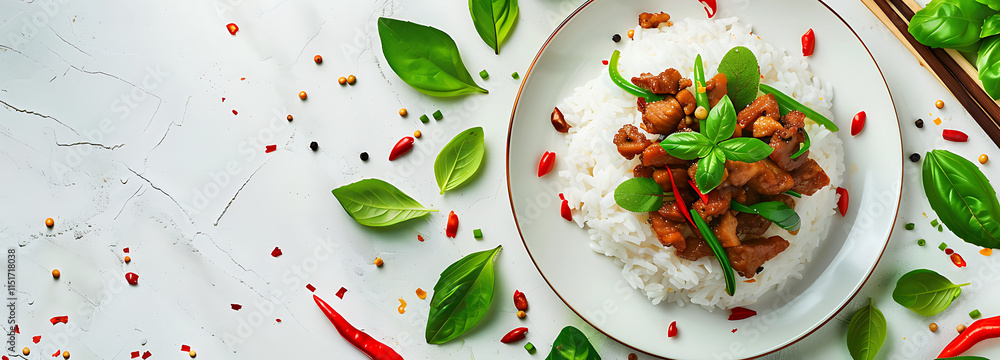 Rice with stir-fried pork, basil leaves, and chili Rice with stir-fried pork, basil leaves, and chili