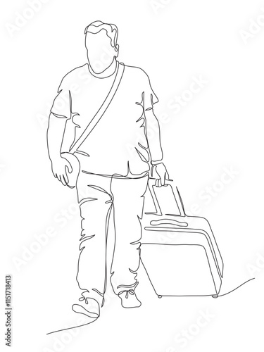Man with suitcase walking. Continuous line drawing. Black and white vector illustration in line art style.