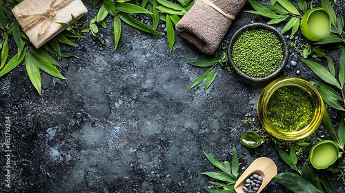 A spa table setup with cannabis-infused massage oil surrounded by natural elements like bamboo and green leaves Stock Photo with side copy space photo