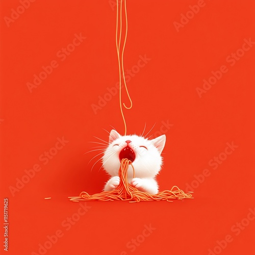Cute cat enjoying a bowl of spaghetti on a bright background.