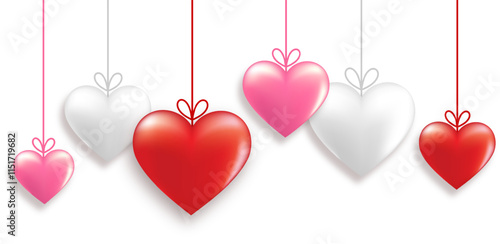 Hanging three dimensional red, pink and white heart baubles. 3d glossy heart decoration element for Valentines Day event.