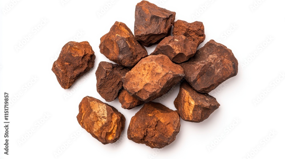 A collection of rough, reddish-brown rocks, showcasing their natural texture and color, arranged on a light background. A collection of rough, reddish-brown rocks, showcasing their natural texture and color, arranged on a light background.