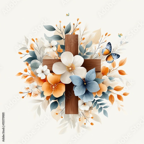 A wooden cross adorned with vibrant flowers and a butterfly, symbolizing hope and renewal photo