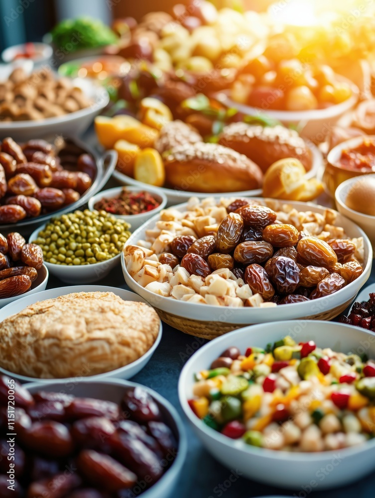 Obraz premium Inviting Iftar Spread: Dates & Delights in Soft Sunlight