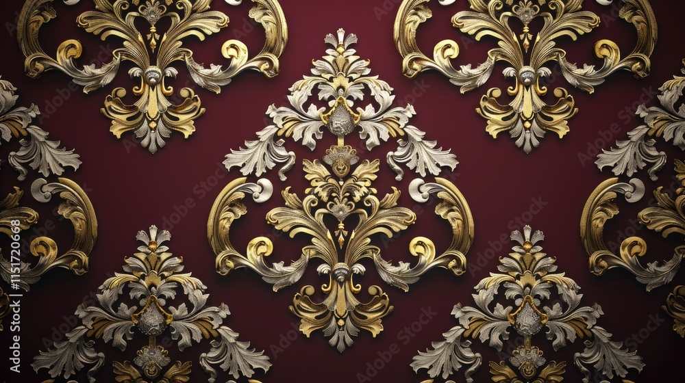 An ornate royal pattern with gold and silver accents, softly illuminated on a deep burgundy background An ornate royal pattern with gold and silver accents, softly illuminated on a deep burgundy background