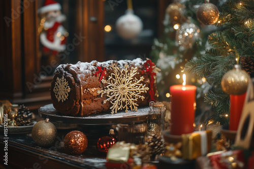 Yule log cake with decorative snowflakes, served on a festive table, cozy Christmas vibe photo