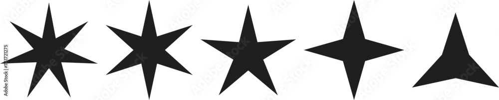 A collection of various star shapes, in solid black, against a pure white background. A collection of various star shapes, in solid black, against a pure white background.