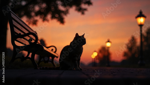 Cat on park bench at sunset with glowing streetlights photo