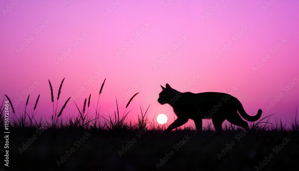 Cat silhouette against pink sunset sky, peaceful and scenic Cat silhouette against pink sunset sky, peaceful and scenic