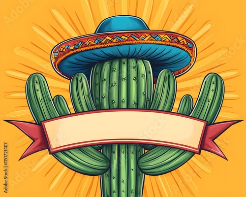 A cactus wearing a sombrero with a blank banner below, offering a fun and festive design for creative or themed concepts. photo