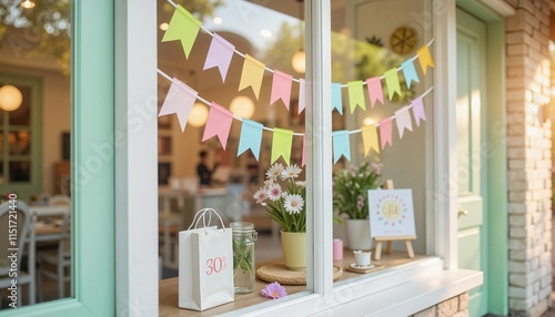 Bright storefront with spring decorations and pastel bunting