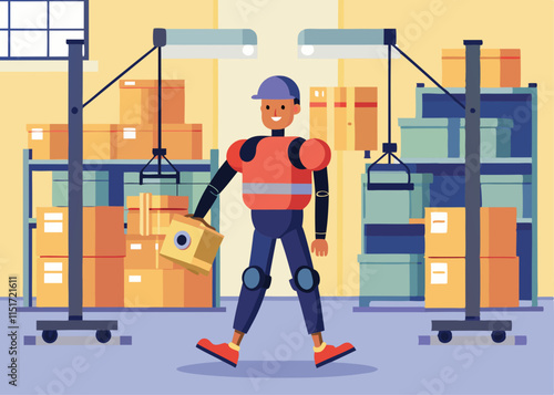 A person wearing exoskeletons to assist with lifting heavy objects in a warehouse.