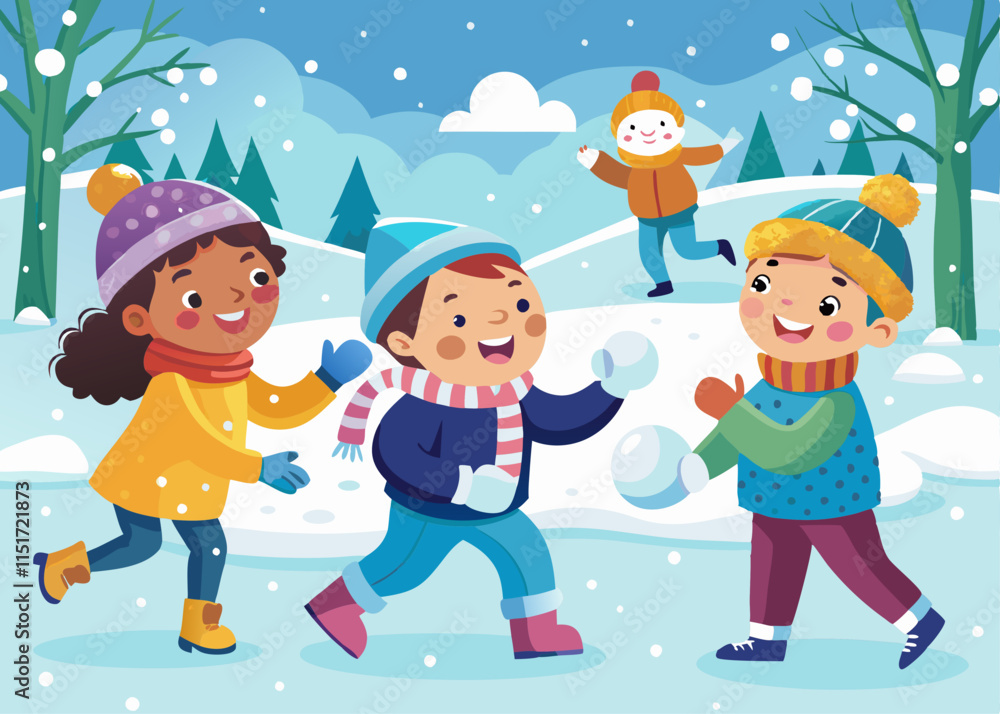 Children having a snowball fight in a snowy park, with smiles and snow flying in the air Children having a snowball fight in a snowy park, with smiles and snow flying in the air