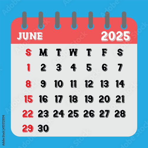 Letter calendar for June 2025. The week begins on Sunday. Time, planning and schedule concept. Flat design. Removable calendar for the month. Vector illustration