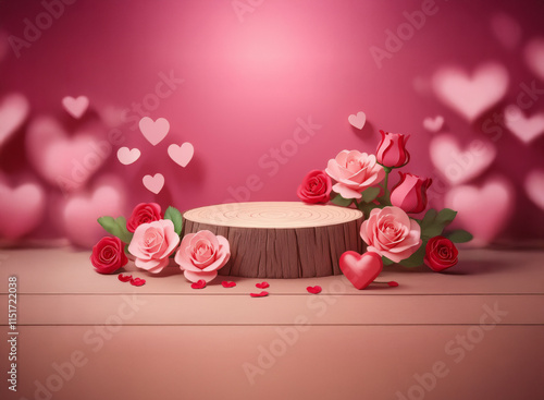 Romantic Valentine's Day scene.  A wooden pedestal adorned with pink roses and hearts sits on a wooden surface against a blurred background of more hearts.  Perfect for product display or romantic gre photo