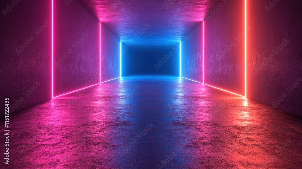 Abstract neon tunnel with vibrant pink, blue, and orange glowing lines on a dark concrete floor and walls. Abstract neon tunnel with vibrant pink, blue, and orange glowing lines on a dark concrete floor and walls.