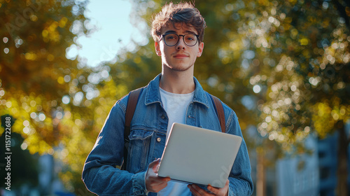 Young man outdoors with laptop in casual jacket and glasses