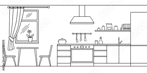 Kitchen room graphic black white home interior sketch illustration vector 