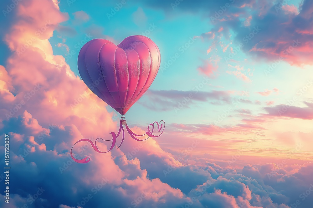 Fototapeta premium Heart-shaped hot air balloon drifting among colorful clouds at sunset with copy space