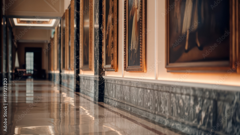 cinematic shot of elegant hallway featuring ornate paintings and polished marble floors, creating sophisticated atmosphere cinematic shot of elegant hallway featuring ornate paintings and polished marble floors, creating sophisticated atmosphere
