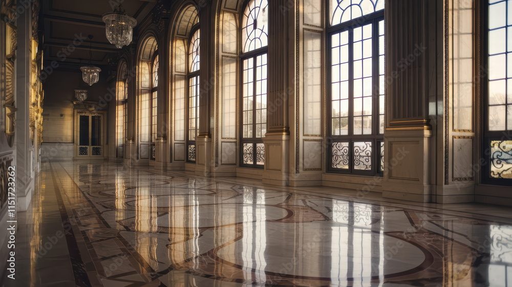 cinematic shot of elegant hallway featuring large windows, intricate marble flooring, and ornate architectural details. warm light enhances luxurious atmosphere cinematic shot of elegant hallway featuring large windows, intricate marble flooring, and ornate architectural details. warm light enhances luxurious atmosphere
