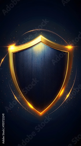 Golden metal shield with a mesh texture on a dark blue background, vector illustration, flat design photo