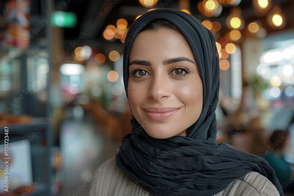 A smiling woman wearing a hijab in a modern cafe, emanating warmth and positivity in a vibrant atmosphere. A smiling woman wearing a hijab in a modern cafe, emanating warmth and positivity in a vibrant atmosphere.