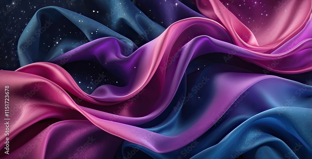 Obraz premium Flowing silk fabric in vibrant shades of pink and purple against a starry background creates a dreamy atmosphere, created by ai generated