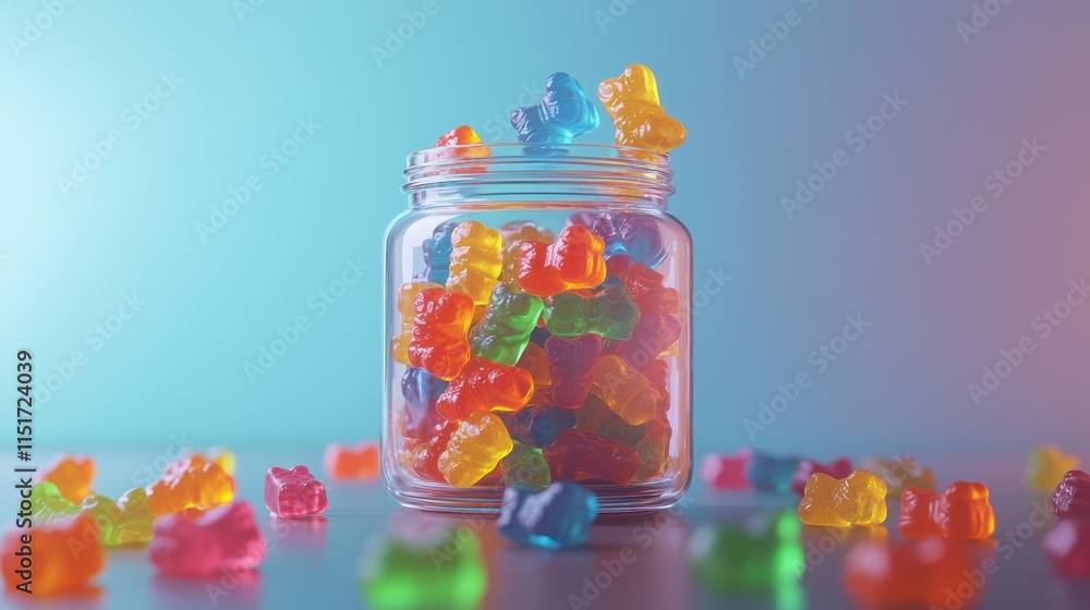 Vibrant rainbow gummy bears in a close-up glass jar for sweet treat enthusiasts Vibrant rainbow gummy bears in a close-up glass jar for sweet treat enthusiasts