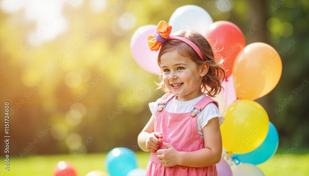 Happy young girl celebrating with colorful balloons at a sunny outdoor party Happy young girl celebrating with colorful balloons at a sunny outdoor party