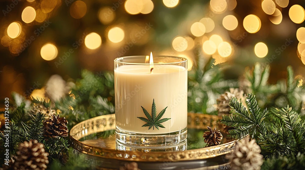 A luxury candle made with cannabis extract placed on a glass tray with a gold frame and green decorative accents Stock Photo with side copy space A luxury candle made with cannabis extract placed on a glass tray with a gold frame and green decorative accents Stock Photo with side copy space