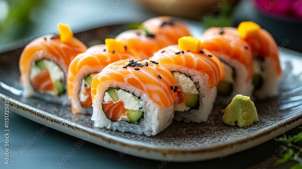 Vibrant Sushi Rolls with Salmon, Mango, and Cream Cheese Vibrant Sushi Rolls with Salmon, Mango, and Cream Cheese