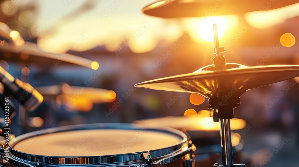 Obraz premium Drum set on stage at sunset. Musical drums kit before concert. Music, drums, musical instruments.