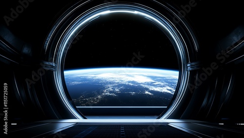 Fototapeta Naklejka Na Ścianę i Meble -  Futuristic spaceship portal with Earth view.