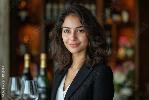 Young woman serving drinks in a stylish restaurant during evening hours
