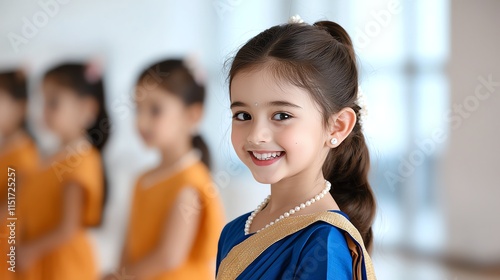 Smiling young girl in traditional attire with classmates blurred in background, showcasing cultural diversity. photo