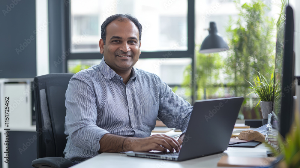 Smiling businessman working on a laptop in a bright office Smiling businessman working on a laptop in a bright office