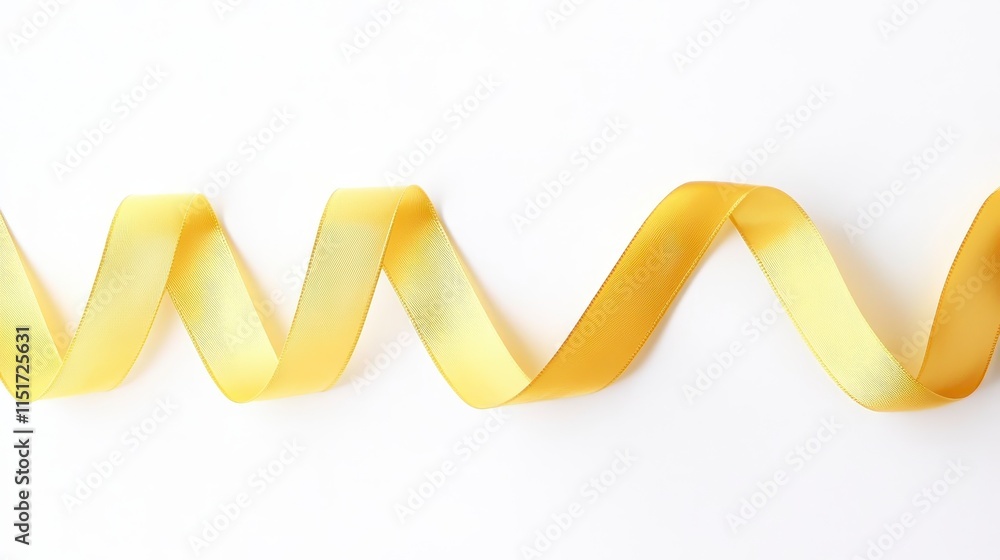 A vibrant yellow ribbon elegantly twisted against a white background, showcasing its smooth texture and soft sheen. A vibrant yellow ribbon elegantly twisted against a white background, showcasing its smooth texture and soft sheen.