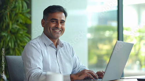 Smiling mature businessman working on laptop in modern office setting