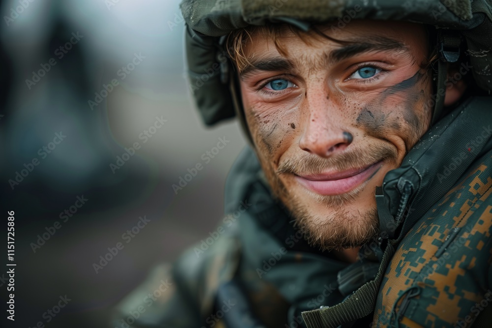 Fototapeta premium A soldier with a confident smile, showcasing determination and resilience after a challenging mission in the field.