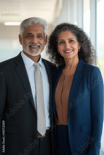 A man and woman are posing for a photo in a business setting. The man is wearing a suit and tie, while the woman is wearing a business suit. They both have smiles on their faces, indicating a positive