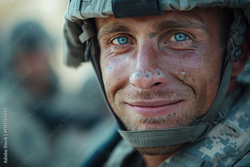 A soldier with a determined smile and striking blue eyes, showcasing resilience and commitment in challenging environments. A soldier with a determined smile and striking blue eyes, showcasing resilience and commitment in challenging environments.
