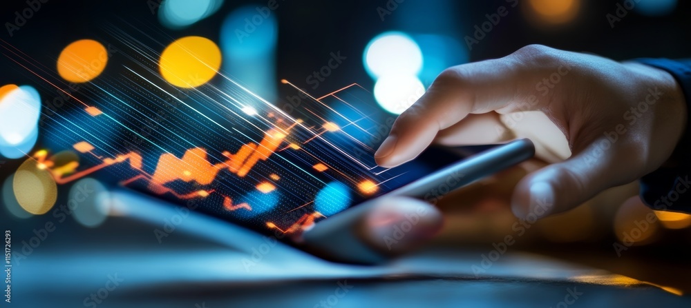 Trader Analyzing Market Data on Phone, Night City Lights Background Finance, Technology Trader Analyzing Market Data on Phone, Night City Lights Background Finance, Technology