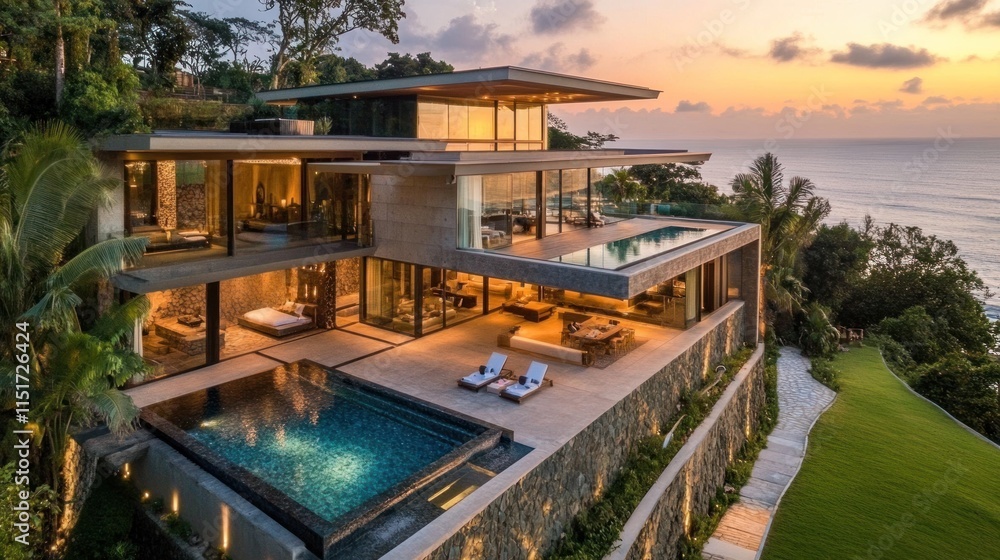 Fototapeta premium Luxury Oceanfront Villa at Sunset: An Architectural Masterpiece