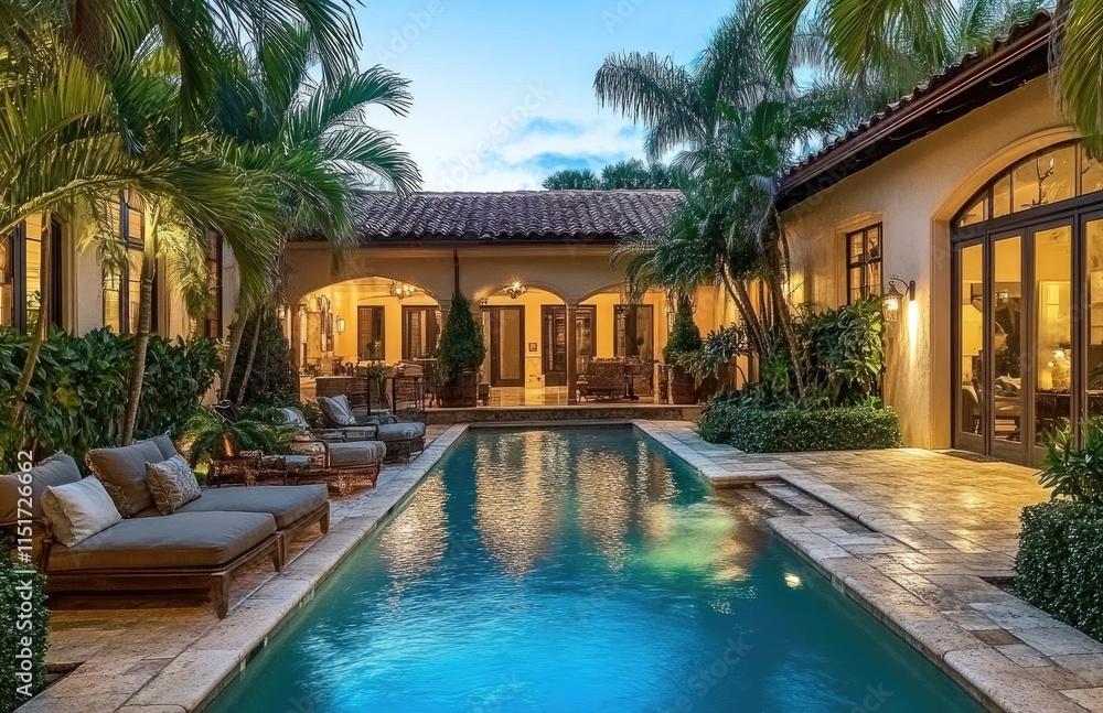 a luxurious outdoor swimming pool surrounded by lush landscaping and comfortable seating areas a luxurious outdoor swimming pool surrounded by lush landscaping and comfortable seating areas