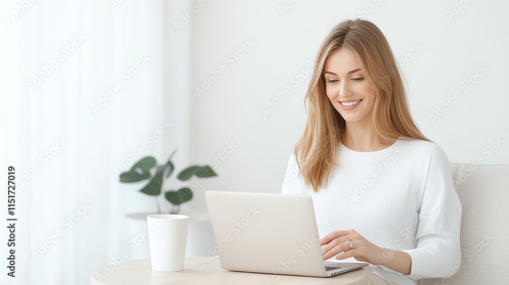 Woman smiling while working on a laptop at home, enjoying a relaxing workspace with natural light and a plant for a serene atmosphere. Woman smiling while working on a laptop at home, enjoying a relaxing workspace with natural light and a plant for a serene atmosphere.